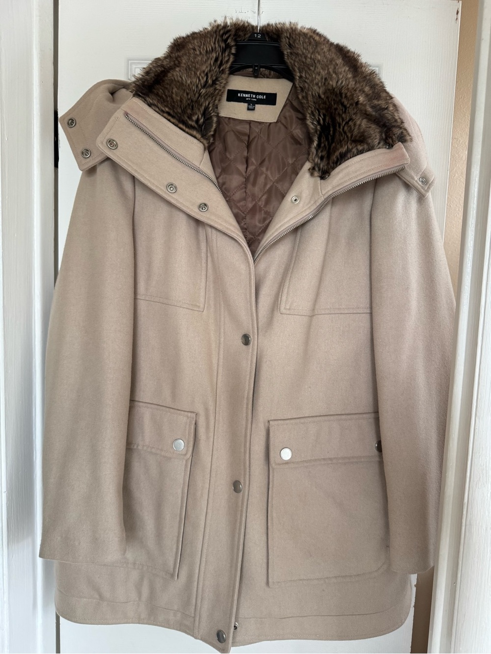 Kenneth Cole Beige/Tan Wool-Blend Pea Coat with Faux-Fur Collar